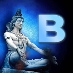 Image of Lord Shiva in meditation with a large letter 'B' overlayed