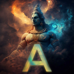 Digital art of Lord Shiva with a cosmic background and the letter 'A'