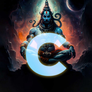 Digital art of Lord Shiva meditating in a cosmic setting with a large letter 'C' in the foreground.