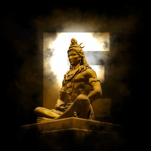 Golden statue of Lord Shiva meditating against a cloudy, moonlit background.