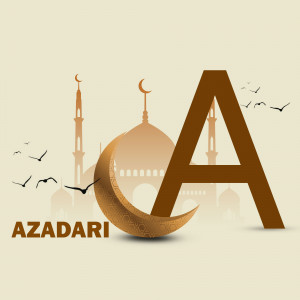 Islamic calligraphy of the letter 'A' with a crescent moon and mosque background, representing Azadari.