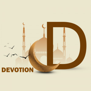 Ramadan themed image with a crescent moon, mosque, birds, and the letter 'D'