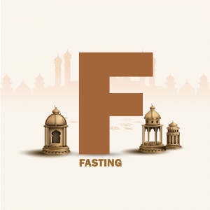 Letter F with Ramadan lanterns and mosque background