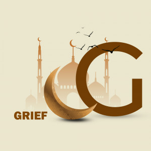 Ramadan Grief illustration with crescent moon, mosque and letter G