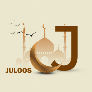 Ramadan Kareem illustration with the letter J, crescent moon, mosque, and birds.