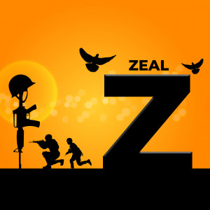 Silhouette of soldiers and a helmet with birds flying against a sunset background with the letter 'Z'.
