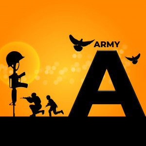 Silhouette of soldiers and military symbols against a sunset background with the letter 'A' and the word 'ARMY'.
