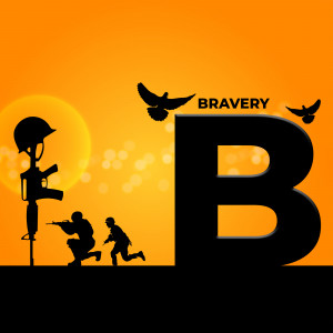 Silhouette of soldiers and helmet with a large letter B against a sunset background.