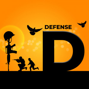 Silhouette of soldiers and birds with the word 'DEFENSE' against a sunset backdrop.