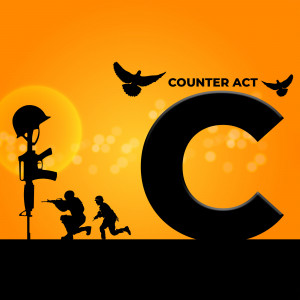 Silhouette of soldiers and a helmet with doves against a sunset background with the letter 'C'.