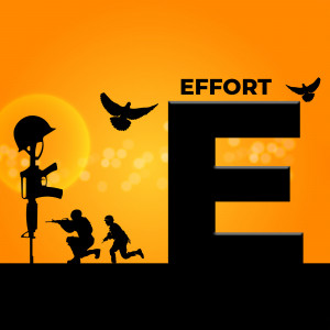 Silhouette of a soldier's helmet, birds in flight, and figures running against a sunset background with the word 'EFFORT'.