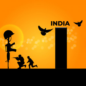 Silhouette of Indian soldiers with a helmet, rifle, and a dove flying in front of a rising sun and the word INDIA.