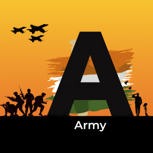 Silhouette of Indian soldiers and fighter jets with the letter 'A' and the Indian flag colors.