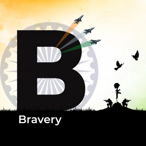 Image depicting Indian Air Force jets flying over a battlefield with the letter 'B' and the word 'Bravery'.