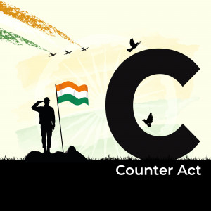 Silhouette of a soldier saluting the Indian flag with birds flying in the background and the text 'Counter Act'.