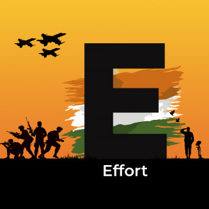 Silhouette of soldiers and fighter jets with the letter 'E' and the Indian flag.