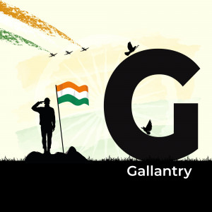 Silhouette of a soldier saluting the Indian flag with birds flying against a patriotic background.