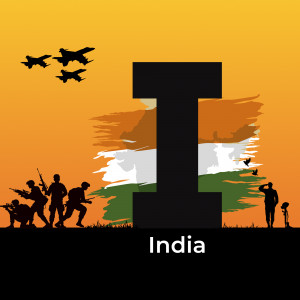 Silhouette of soldiers and fighter jets against the Indian flag and the letter 'I'