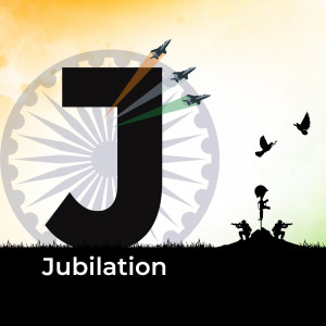 Image depicting Indian Air Force jets flying over a silhouette of soldiers and the Indian flag with the letter 'J'.