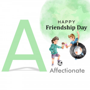Watercolor illustration with the letter 'A' and two boys celebrating Friendship Day