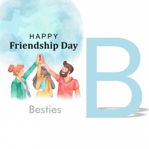 Watercolor illustration of diverse friends celebrating Friendship Day with a large letter B