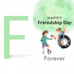 Watercolor illustration with the letter 'F' and two boys celebrating Friendship Day.