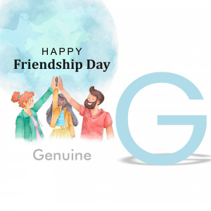 Watercolor illustration of three friends giving a high five with the text 'Happy Friendship Day' and 'Genuine'.