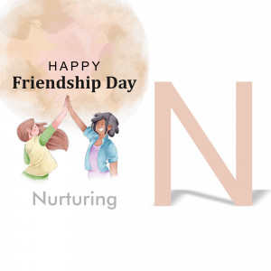 Watercolor illustration of two women giving a high five with a starburst and the text 'Happy Friendship Day'