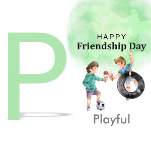 Illustration of two boys celebrating Friendship Day with ice cream and a tire swing, with a large letter 'P' and the word 'Playful'.