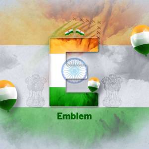 Letter E with Indian flag colors, emblem, and national symbols