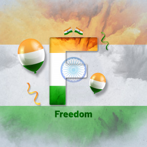 Letter F with Indian flag colors and symbols representing freedom.