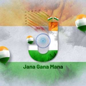 Letter 'J' decorated with Indian flags and the Ashoka Chakra, with text 'Jana Gana Mana'.