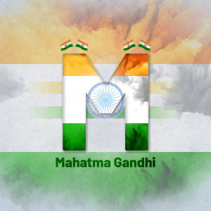 Letter 'M' with Indian flag colors and the Ashoka Chakra, honoring Mahatma Gandhi