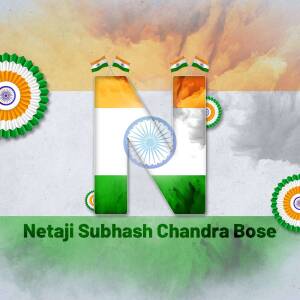 Image depicting the letter 'N' adorned with the Indian flag and the name Netaji Subhash Chandra Bose.
