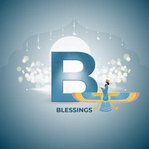 Illustration of a Faravahar symbol with a large letter 'B' and the word 'Blessings'.