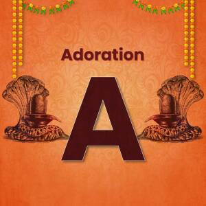 Image featuring the letter 'A' with a religious background of Shiva Lingam and decorative elements.