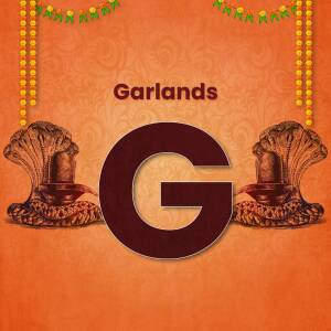 Letter G with garlands and Hindu religious symbols