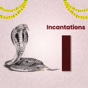 Illustration of a cobra with golden garland and text 'Incantations'