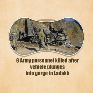 Image of a damaged vehicle after an accident in Ladakh, with text reporting the death of 9 army personnel.