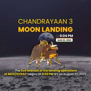 Illustration of the Chandrayaan-3 lander on the moon surface with landing details.