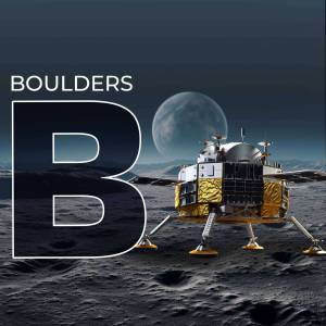 Image of a spacecraft on the moon with a large 'B' for Boulder.