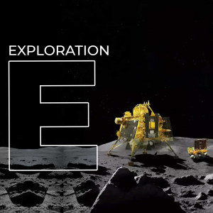 Lunar lander on the moon with a large letter 'E' overlay