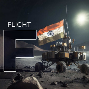 A futuristic rover with the Indian flag on the moon, with a large letter 'F' in the foreground.
