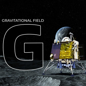 Illustration of the Chandrayaan-3 lander on the moon with a large letter 'G' representing gravitational field.