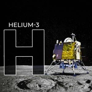 Illustration of a lunar lander on the moon with the text 'Helium-3' and a large 'H' graphic.