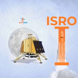 Illustration of the Chandrayaan-3 lander and launch vehicle with the moon in the background