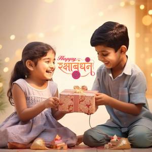 A young brother and sister exchanging gifts on Raksha Bandhan.