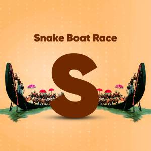 Image depicting a snake boat race in Kerala, India with a large letter 'S' in the center.