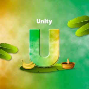 Letter U with banana leaves, bananas, and a diya lamp against a green and yellow gradient background.