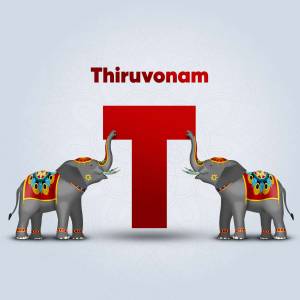Illustration of two decorated elephants lifting a red letter 'T' with the text 'Thiruvonam'